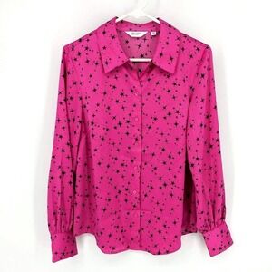 Candace Cameron Bure Star Print Button Front Satin‎ Shirt Hot Fuchsia Size XS